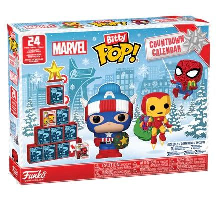Marvel Bitty Pop! Countdown Calendar packaging with superhero figures on a snowy cityscape background.