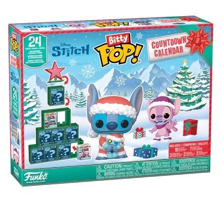 Funko Pop! Bitty Countdown Calendar packaging with Santa Stitch and Angel on a snowy mountain background