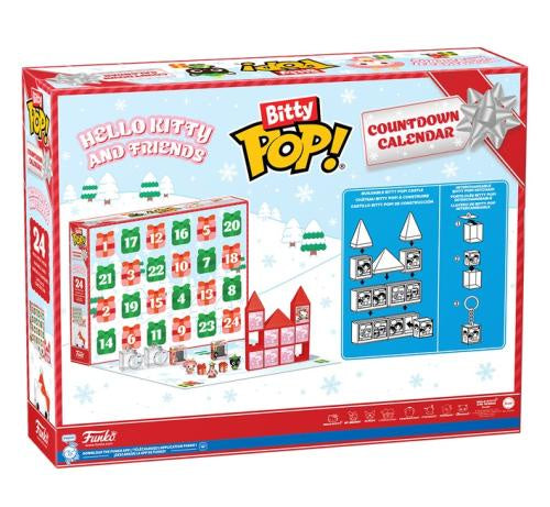 Funko Bitty Pop! Hello Kitty and Friends Countdown Calendar toy set in its retail box, featuring festive red and white packaging with illustrations of advent calendar pieces and assembly instructions.