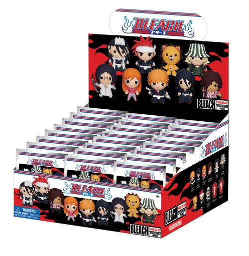 Display box of Bleach figurines with character illustrations on a white background