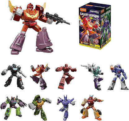 Transformers Galaxy Version toy set showing a large red and gold robot figure, its retail box, and eight smaller robot figures in assorted colors on a plain white background.