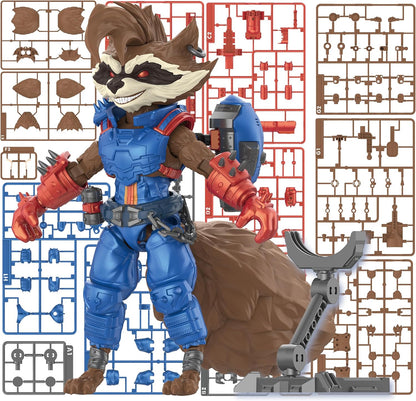 Action figure of a character with a blue suit and red gloves, standing on a white background with assembly parts.
