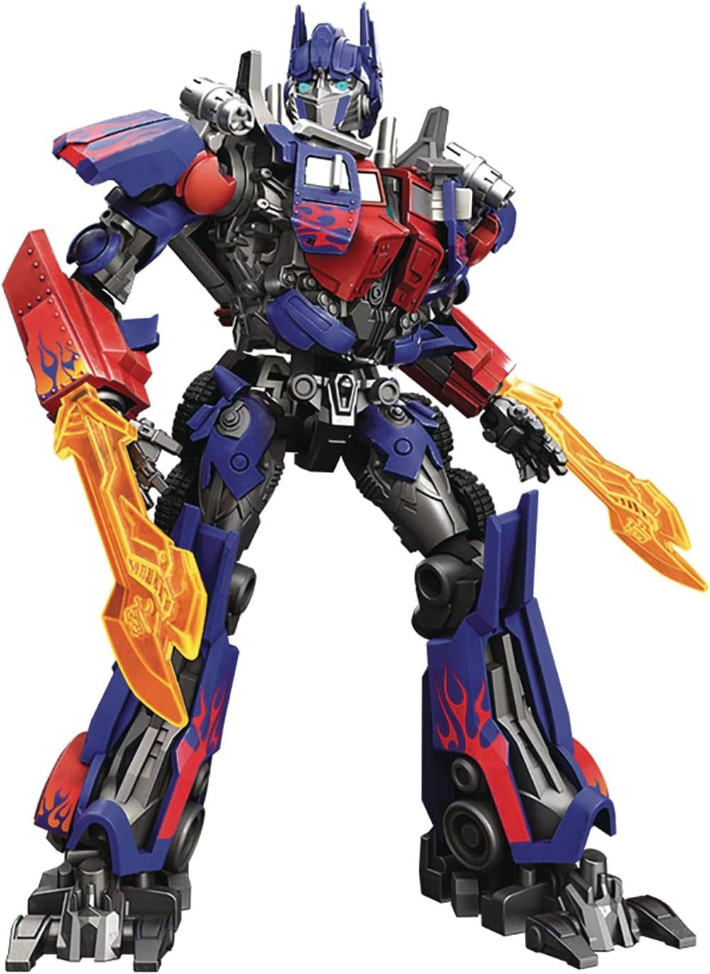 A toy figurine of Optimus Prime from the Transformers franchise, featuring a blue, red, and black color scheme with flame designs on the arms.