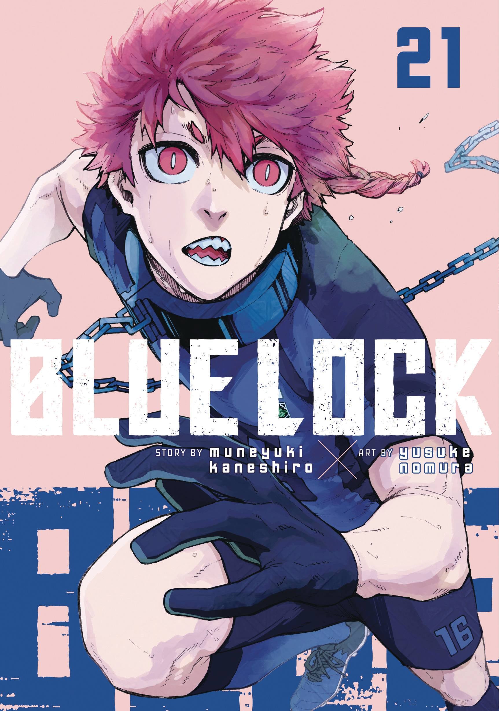 Manga cover of 'Blue Lock' with a character in a dynamic pose against a colorful background.