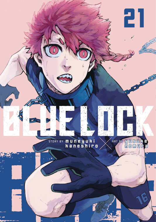 Manga cover of 'Blue Lock' with a character in a dynamic pose against a colorful background.