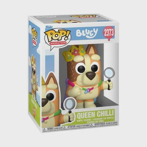 Funko Pop! Animation vinyl figure of Bluey's character Queen Chilli, number 2373, in its original retail box against a light gray background.