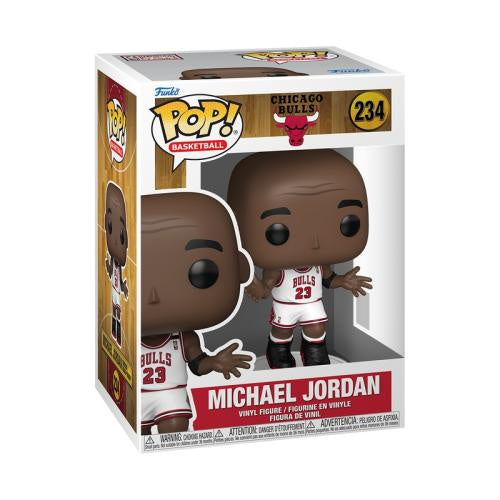 Funko Pop! vinyl figure packaging of Michael Jordan in a Chicago Bulls jersey, with box art and branding.