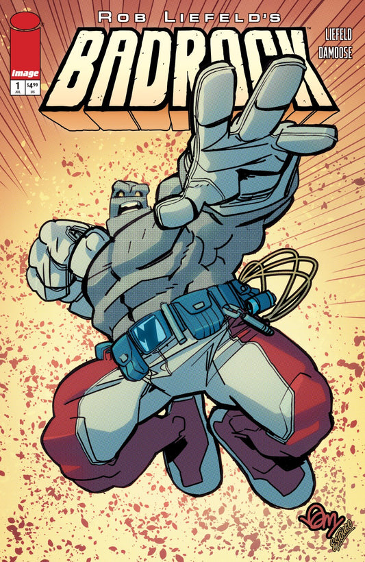 Comic book cover featuring a superhero in flight with 'Badrock' title and artist's signature.