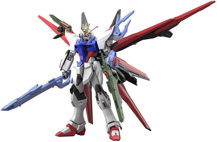 Model kit of a robot with red, blue, and white colors on a white background