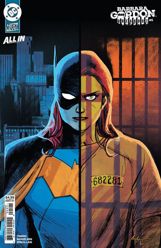 Comic book cover for DC's 'Barbara Gordon: All In' issue, featuring a split-color illustration of Barbara Gordon in a blue and yellow costume against a dark cityscape and prison-bar window background.