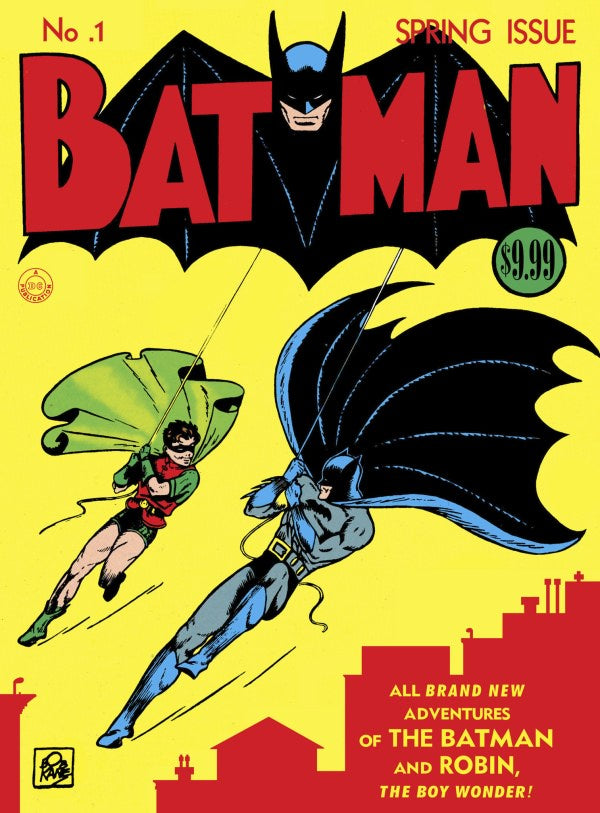 Vintage comic book cover featuring Batman and Robin flying over a cityscape with text about the Spring Issue.