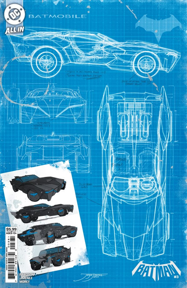 Blueprint-style illustration of a Batmobile with detailed views and a smaller image of the vehicle below on a blue background.