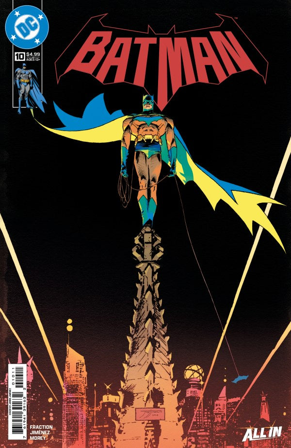 Comic book cover featuring Batman with a cityscape background