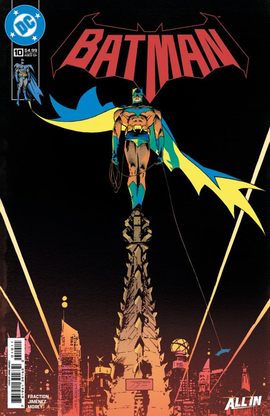 Comic book cover featuring Batman with a cityscape background