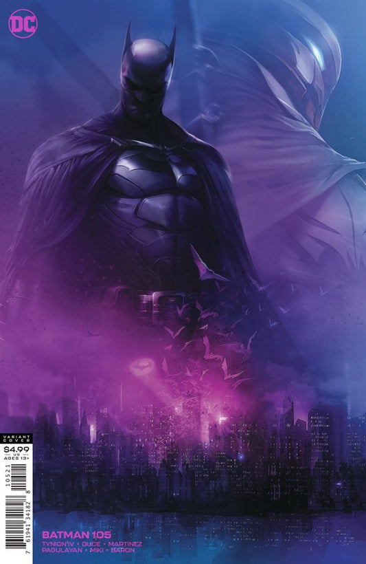 Comic book cover featuring Batman in a dark, urban setting with a purple and blue color scheme.