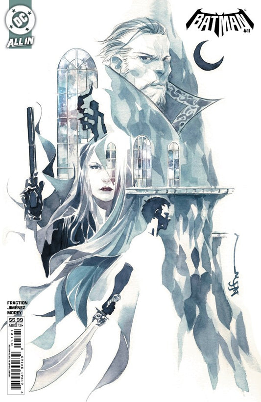 Comic book cover featuring a stylized illustration of characters with a white and gray color scheme.