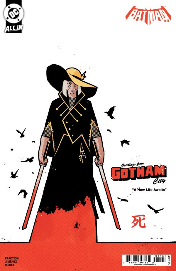Comic book cover featuring a character in a black outfit with a yellow hat, holding two weapons, against a white background with red accents.