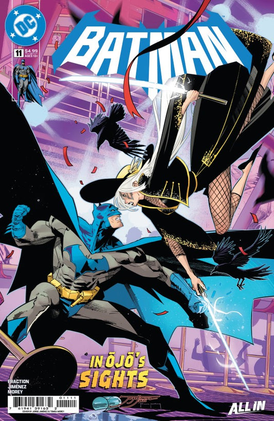 Comic book cover featuring Batman in action with a cityscape background