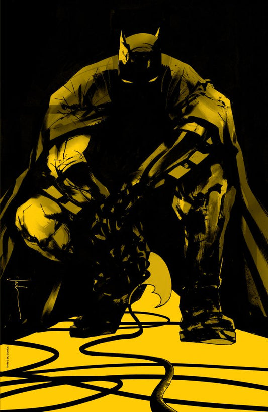 Stylized illustration of a superhero in a dark costume with a yellow background