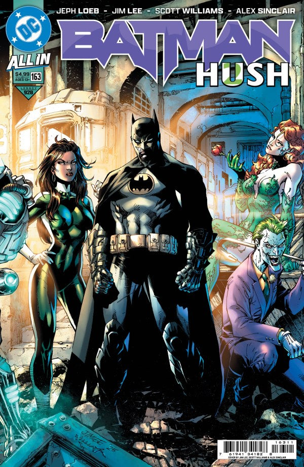 Comic book cover featuring Batman and his allies with a Joker in the background