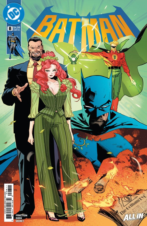Comic book cover featuring Batman and his allies with a colorful background