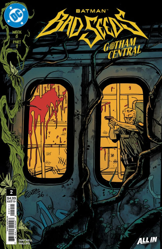 Batman: Bad Seeds Part 2 #2 comic book cover from DC Comics, featuring a dark illustrated scene with a figure aiming a gun from a train window while another window shows red splatters. The title 'Bad Seeds Gotham Central' appears prominently at the top.