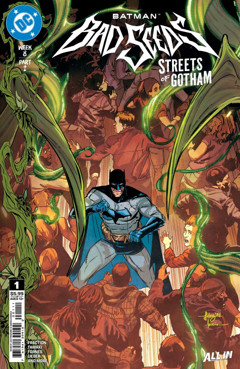 Batman: Bad Seeds - Streets of Gotham #1 comic book cover featuring Batman in the center surrounded by green vines and figures in red and brown tones, with DC branding and issue details visible.
