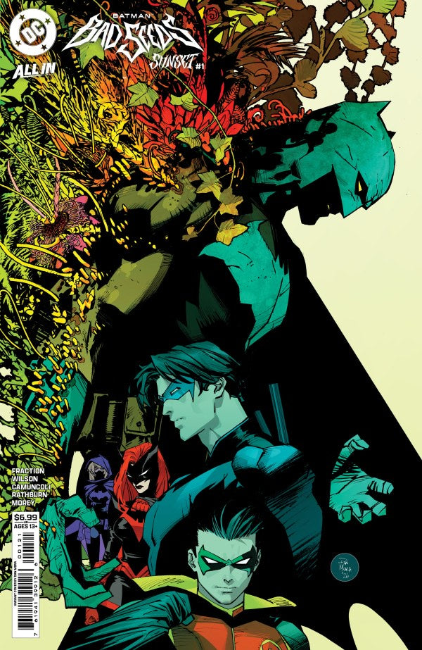 Batman: Bad Blood #1 comic book cover featuring multiple Batman-related characters in a dramatic collage on a pale cream background, with the DC logo and title visible at the top.
