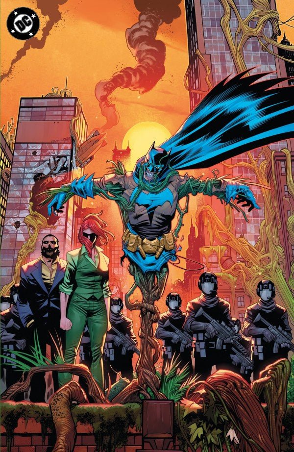 Comic book cover art featuring Batman in a blue and gray suit with a flowing black cape, standing in a city scene with soldiers and plants growing through the streets. A DC logo is visible in the top-left corner.