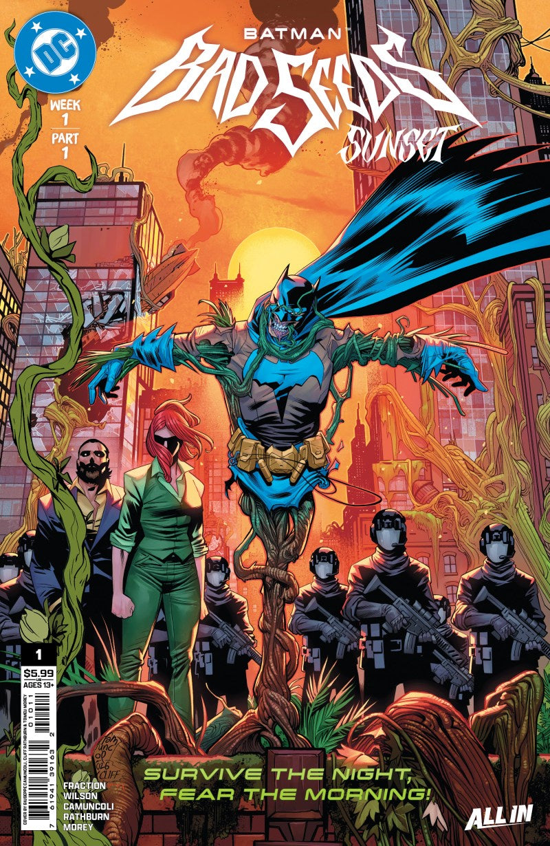 Comic book cover for DC's Batman: Bad Seeds: Sunset #1, featuring a central Batman-like figure in blue and black with a flowing cape, surrounded by armed guards and green vines in an urban setting at sunset.