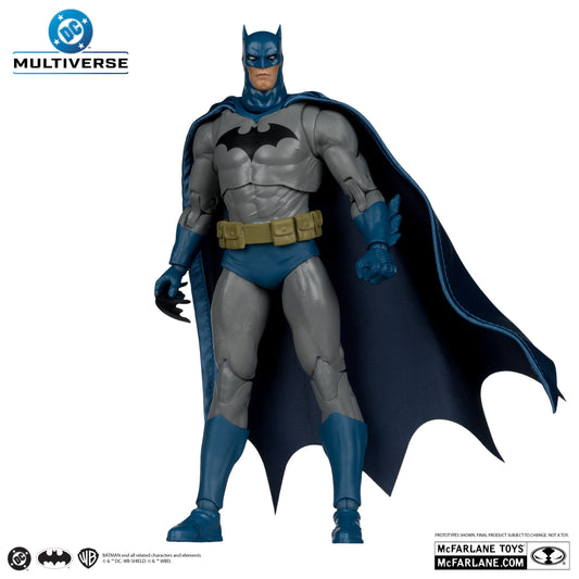 Batman action figure with cape on a white background, featuring DC Multiverse logo.