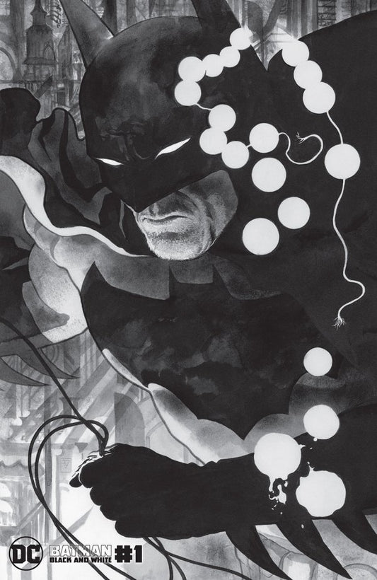 Black and white illustration of a masked superhero with balloons, DC Comics logo visible