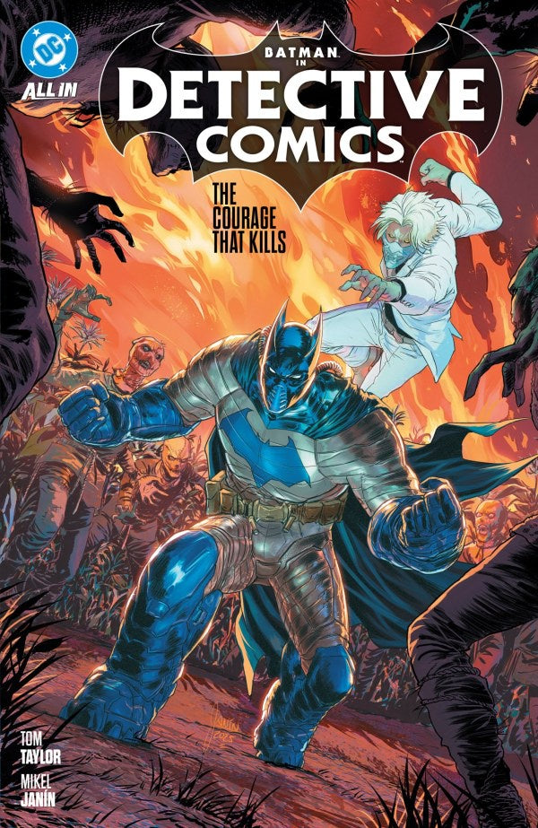 Batman Detective Comics All In issue cover featuring Batman in blue and gray armor in the foreground, with a white-haired man in white leaping behind him, set against a fiery orange and red background with the title 'Detective Comics' at the top.
