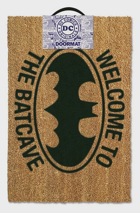 Doormat with Batman logo and 'The Batcave' text, featuring DC Comics branding.