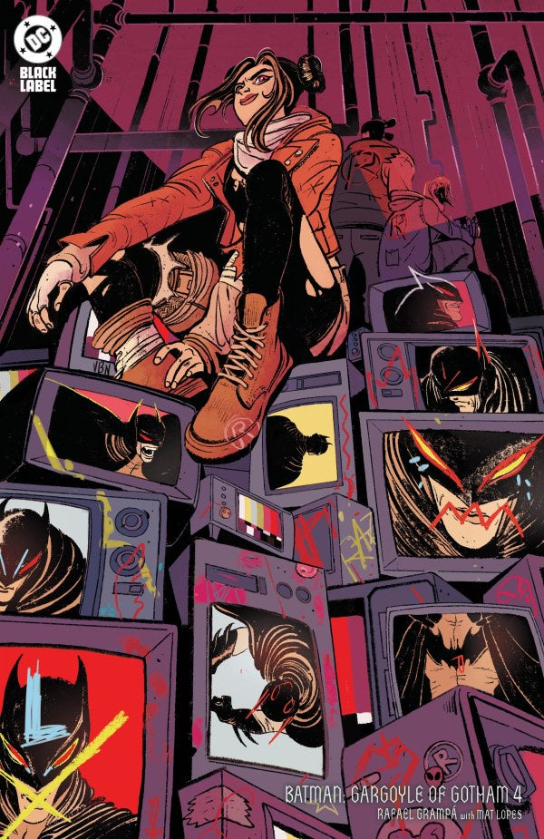 Comic book cover with a character sitting on top of stacked television sets displaying various images.