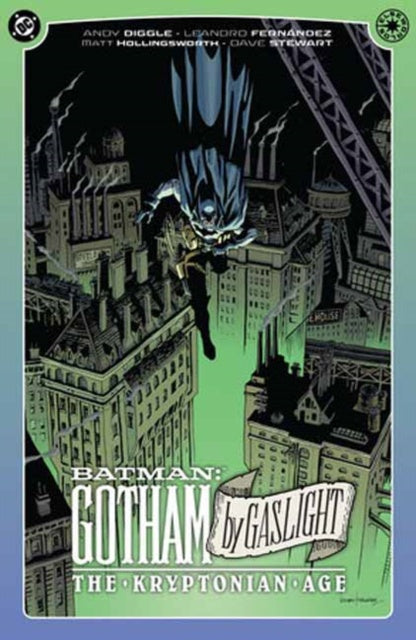 Comic book cover of 'Batman: Gotham by Gaslight' with Batman flying over a cityscape.