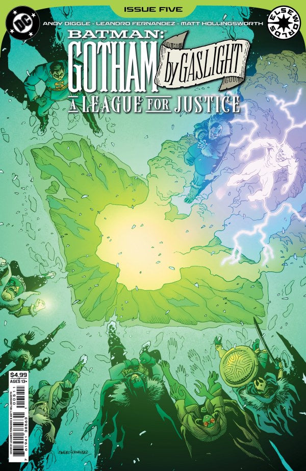 Comic book cover featuring Batman and the League of Justice with a glowing green symbol.