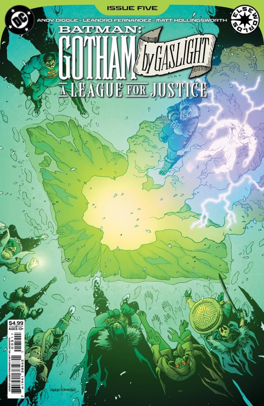 Comic book cover featuring Batman and the League of Justice with a glowing green symbol.