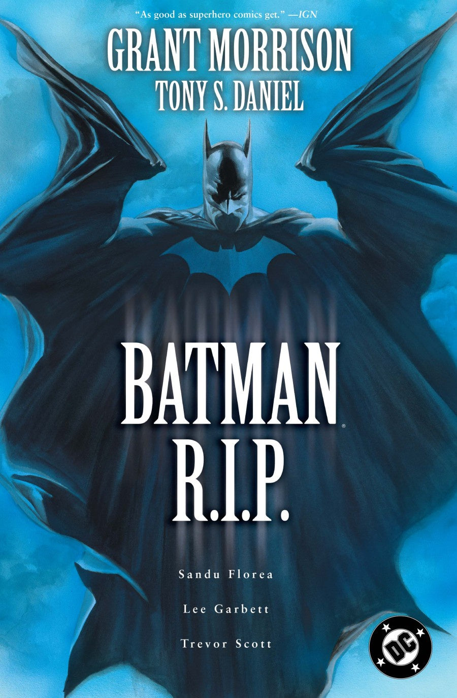 Batman R.I.P. book cover with Batman in a blue and black suit