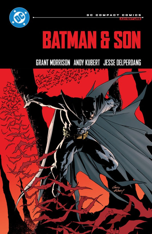 Comic book cover of 'Batman & Son' with Batman in a dark suit on a red background.