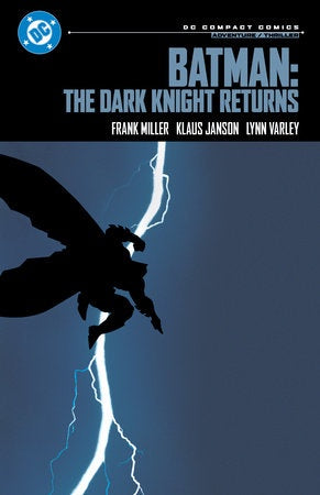 Comic book cover of 'Batman: The Dark Knight Returns' with a silhouette of Batman and lightning.