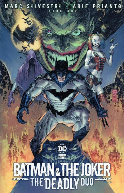 Comic book cover featuring Batman and Harley Quinn with a menacing Joker in the background.