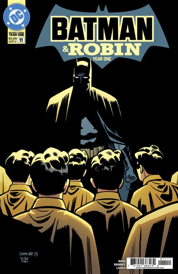 Comic book cover featuring Batman and Robins with a dark background