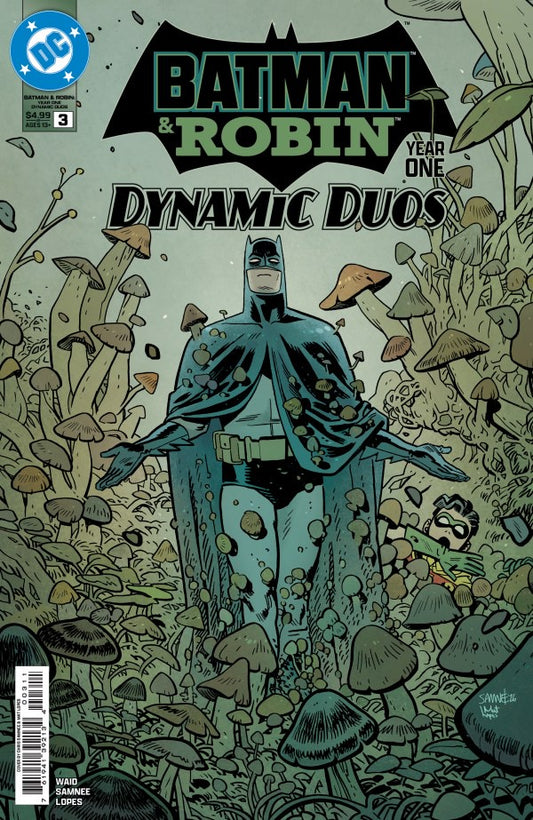 Comic book cover for Batman & Robin Year One: Dynamic Duos issue 3, featuring Batman standing in a mushroom-filled forest with Robin partially visible in the background.