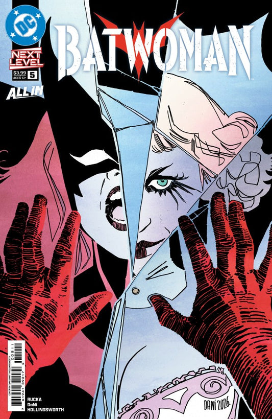 Comic book cover for DC's Batwoman Issue 6, featuring a stylized split-face illustration with black, white, pink, and blue tones, large red hands, and the title 'BATWOMAN' across the top.