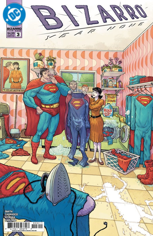 Comic book cover for DC's Bizarro Year None #3, featuring illustrated Superman and other DC characters in a laundry room setting with various colorful costumes and household items.