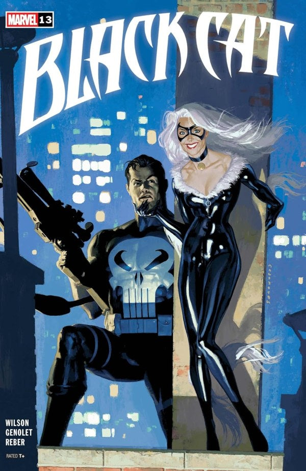 Marvel's Black Cat comic book cover, issue number 13, featuring Black Cat in her signature black and white furred suit standing next to the Punisher, who is holding a gun. The background depicts a blue-toned cityscape at night.