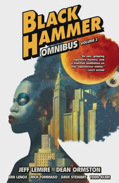 Book cover of 'Black Hammer Omnibus Volume 2' with a stylized cityscape and face.