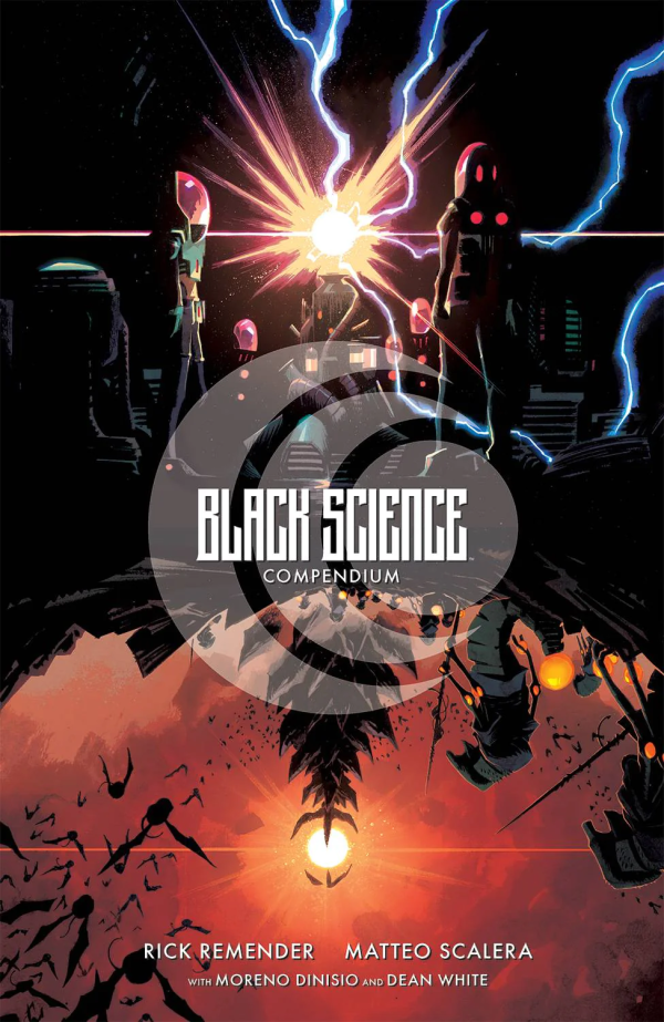Cover of 'Black Science Compendium' with futuristic elements and dynamic lighting.