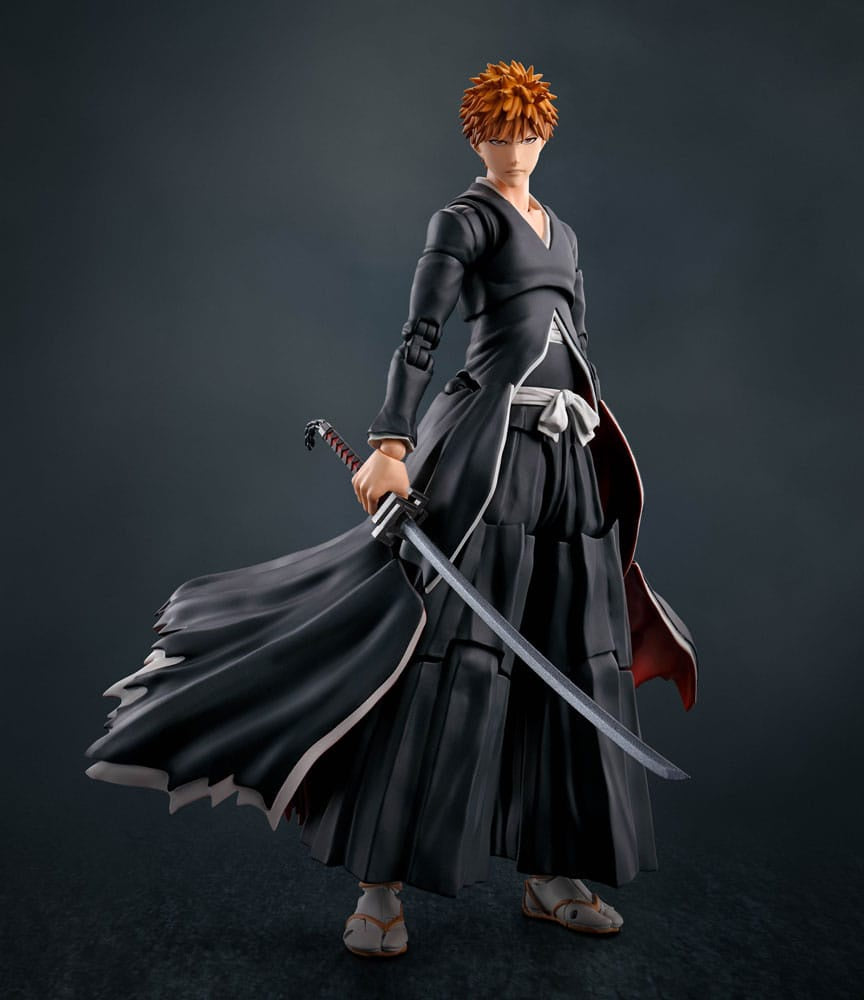 Action figure of a character in a dark outfit with a sword on a dark background
Bleach Ichigo Kurosaki Getsugatensho S.H.Figuarts Action Figure